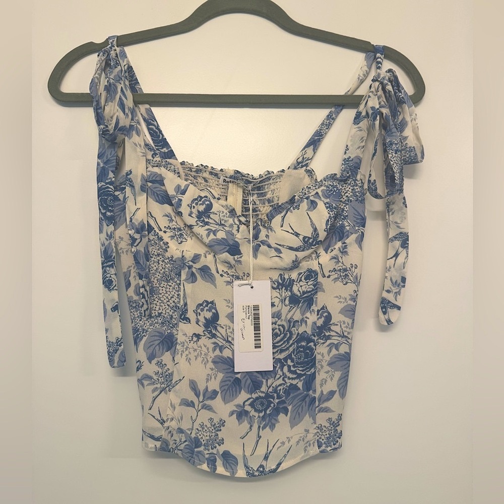 Reformation Blanca White and Blue Ruched Tie Front Blouse, Pompadour